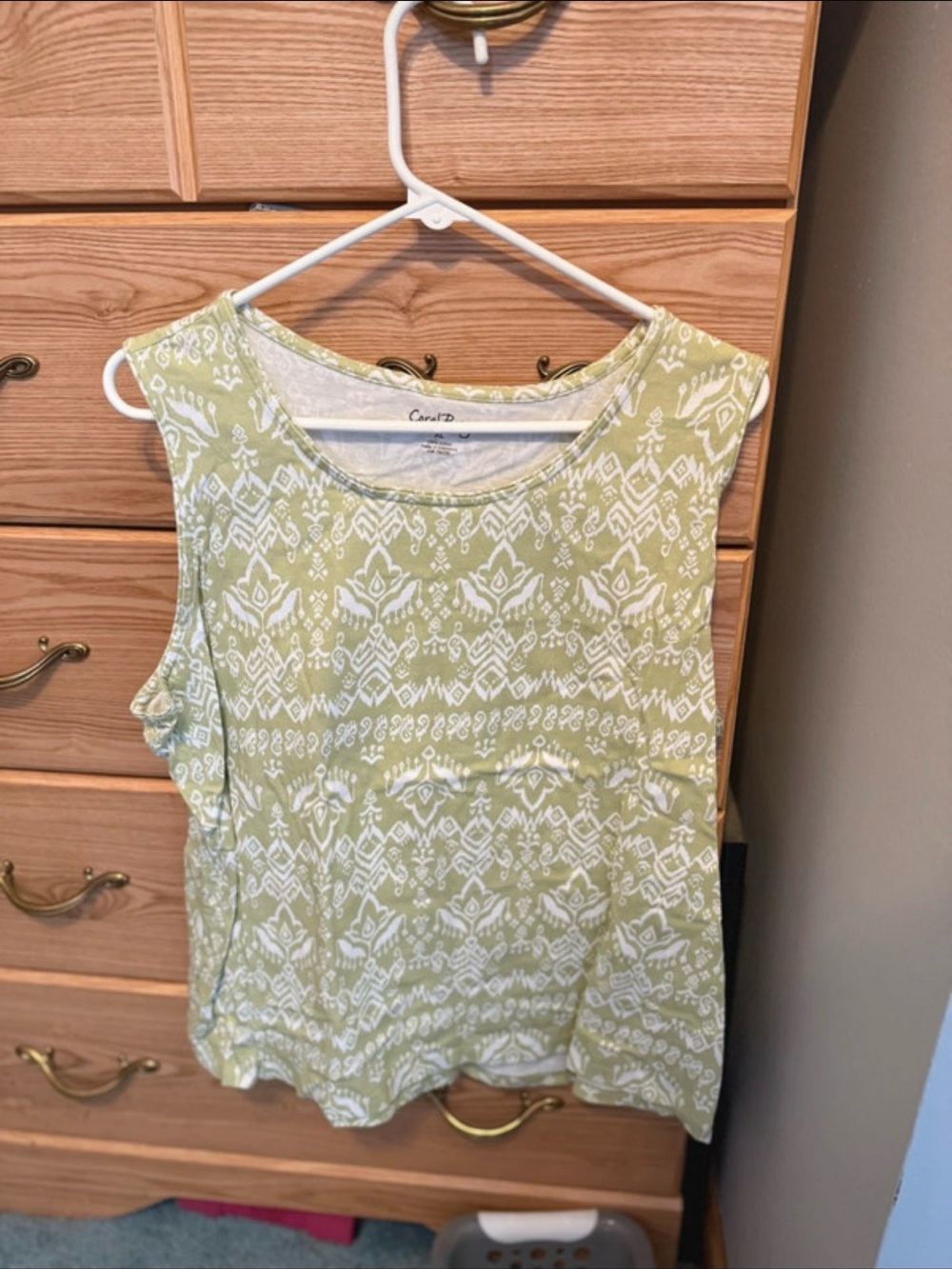 Coral Bay Light Green and White Printed Sleeveless Tank